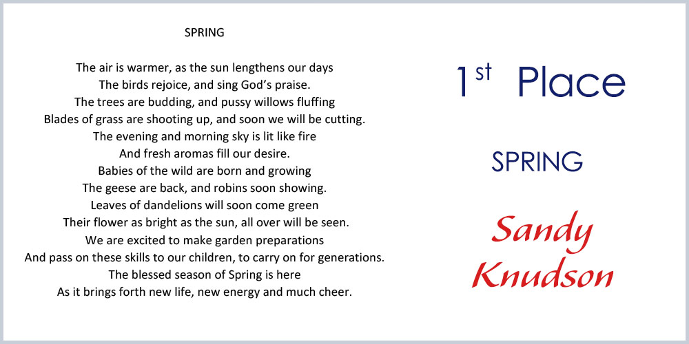 First Place winner - Parent Creative Writing - SPRING by Sandy Knudson